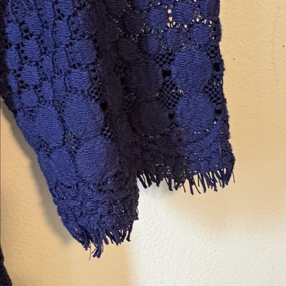 Navy open weave a-line dress with cream lining. Fringe details on sleeves/hem. - Picture 4 of 7